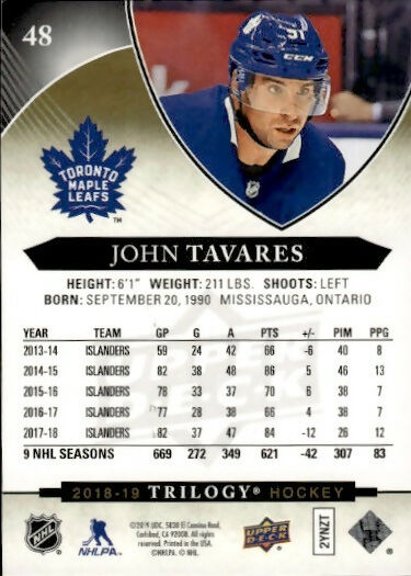 2018-19 Upper Deck Trilogy Hockey - Base #48 John Tavares - Toronto Maple Leafs