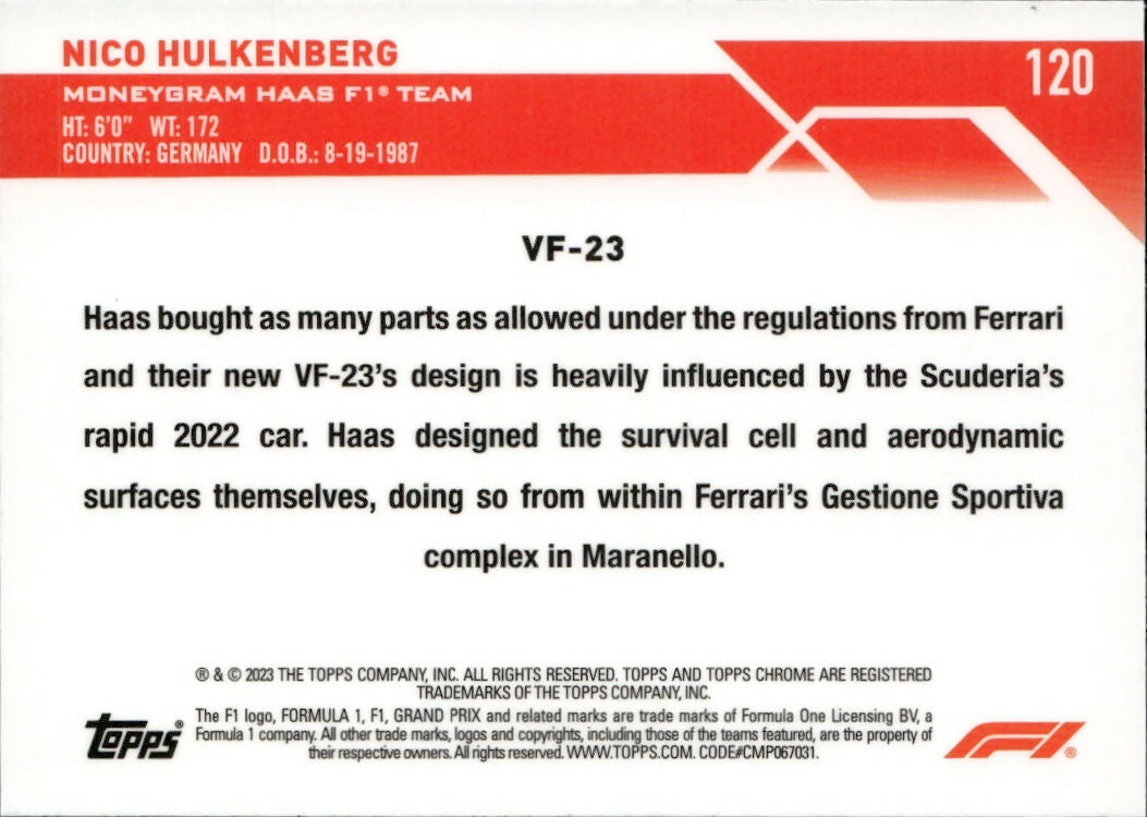 2023 Topps Chrome Formula 1 Base #120 - F1 Cars Nico Hulkenberg - Moneygram Haas F1 Team - B