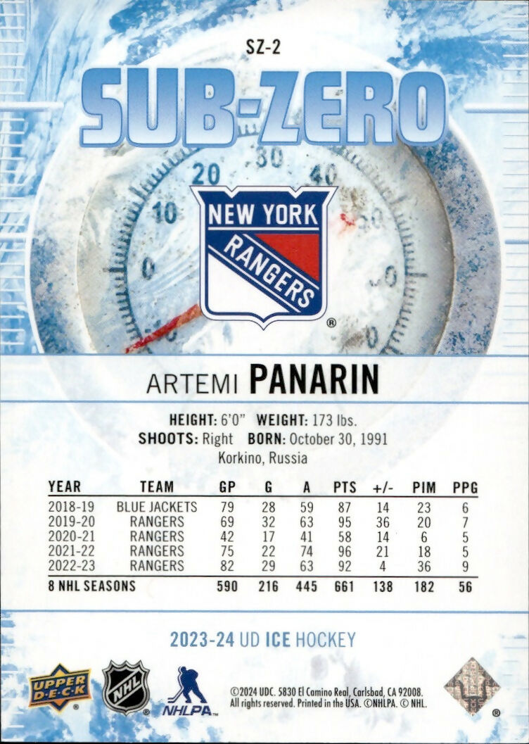 2023-24 Upper Deck Ice - Sub Zero #SZ-2 Artemi Panarin - New York Islanders - B