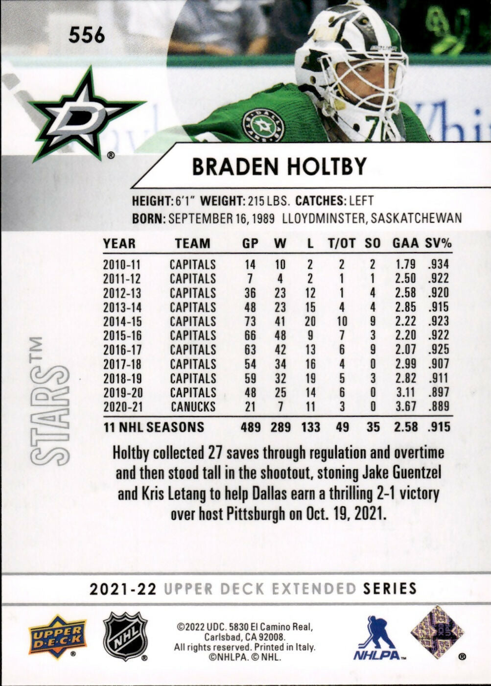 2021-22 Upper Deck Extended Series Hockey - Base #556 Braden Holtby - Dallas Stars