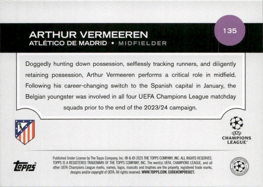 2024-25 Topps UEFA Club Competitions - Base #135 Arthus Vermeeren - Atletico De Madrid - B