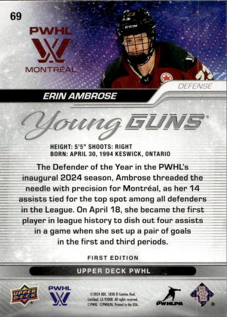 2024-25 Upper Deck PWHL Hockey - Base - Young Guns #69 Erin Ambrose - Montreal Victoire - B