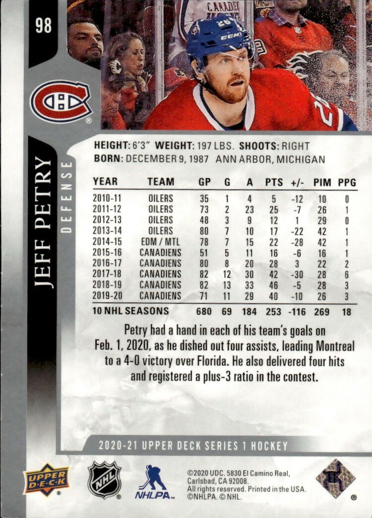 2020-21 Upper Deck Series 1 Hockey #98 Jeff Petry - Montreal Canadiens