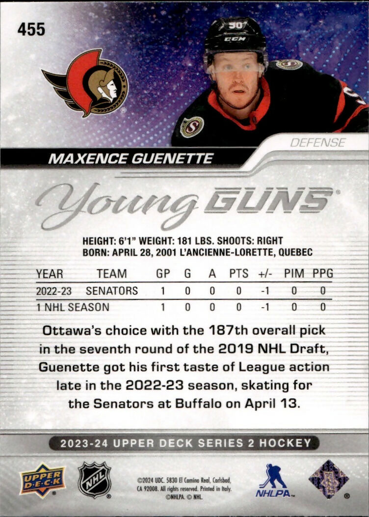 2023-24 Upper Deck Series 2 Hockey - Base - Young Guns #455 Maxence Guenette - Ottawa Senators - B