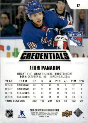 2019-20 Upper Deck Credentials - Base #17 Artemi Panarin - New York Rangers