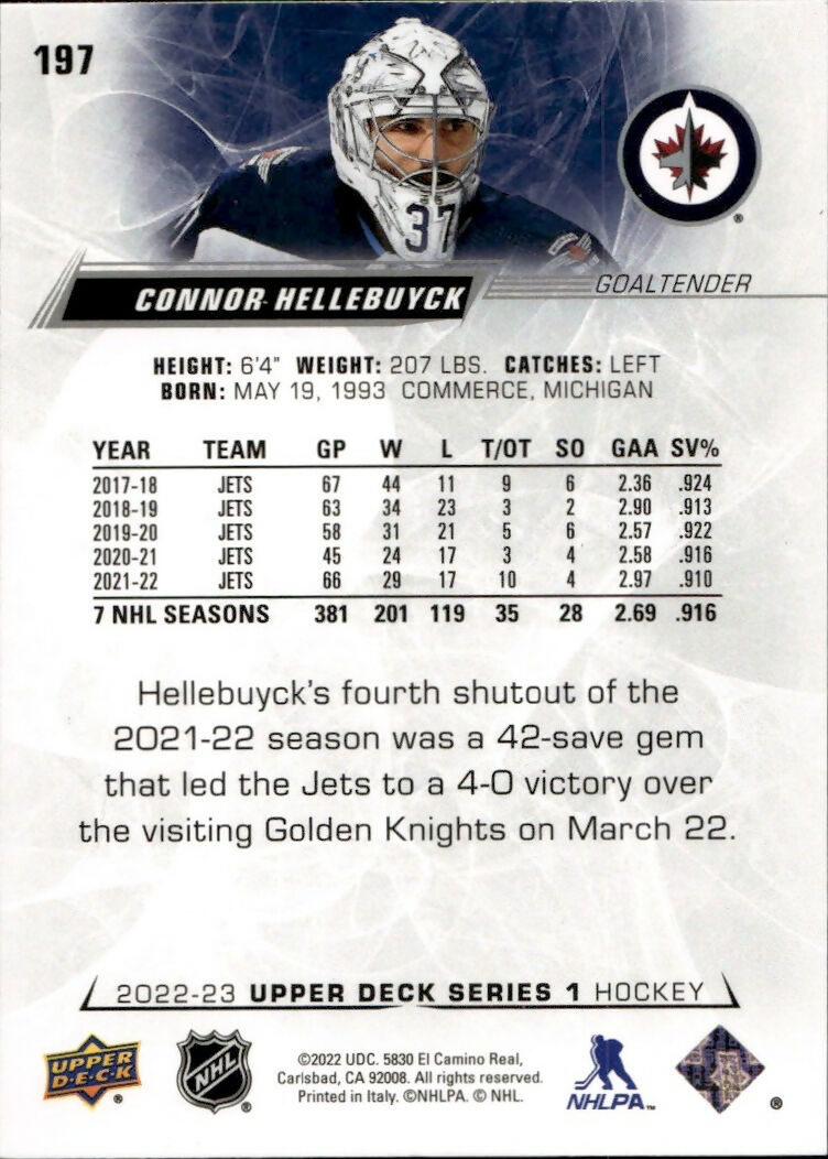 2022-23 Upper Deck Series 1 Hockey - Base #197 Connor Hellebuyck - Winnipeg Jets - B