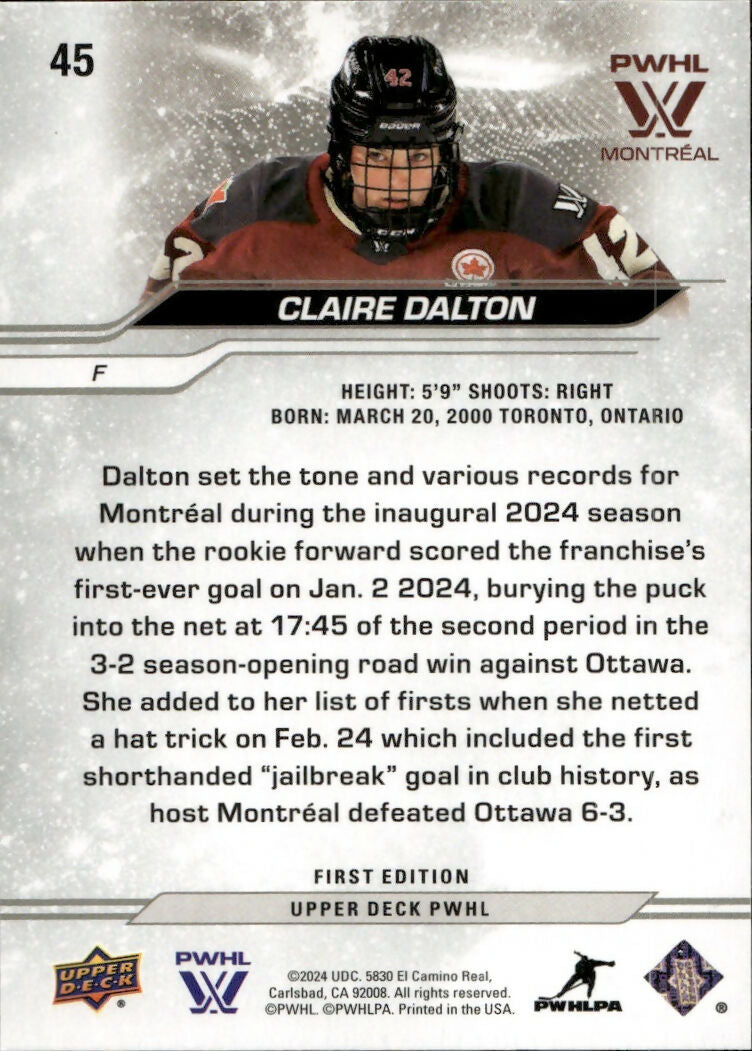 2024-25 Upper Deck PWHL Hockey - Base #45 Claire Dalton - Montreal Frost - B