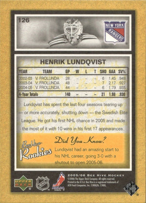 2005-06 Upper Deck Bee Hive - Base #126 Henrik Lundqvist - New York Rangers - B