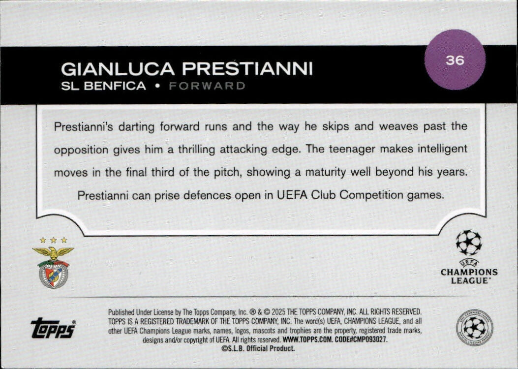 2024-25 Topps UEFA Club Competitions - Base #36 Gianluca Prestianni - SL Benfica - B