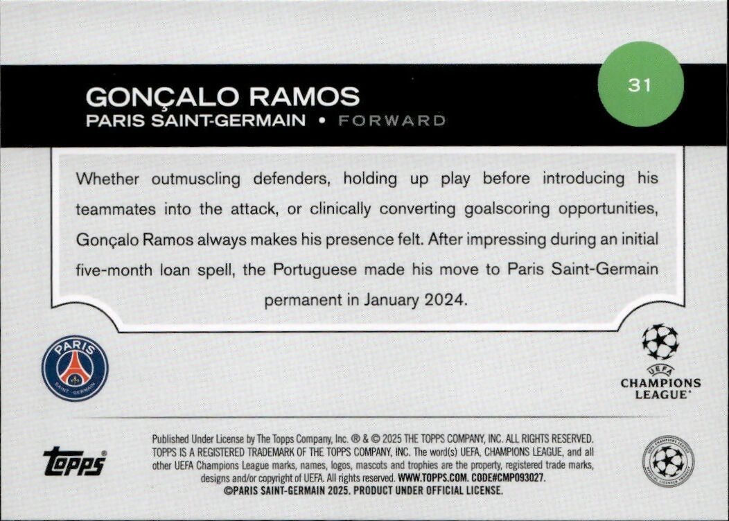 2024-25 Topps UEFA Club Competitions - Base #31 Goncalo Ramos - Paris Saint-Germain - B