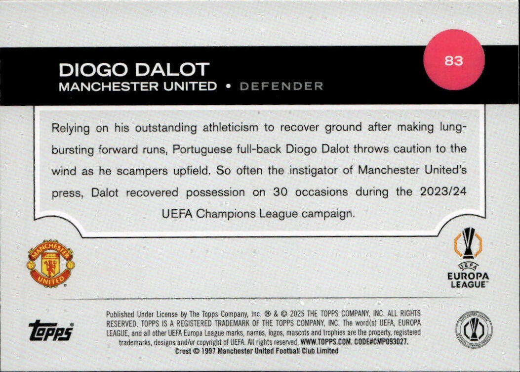 2024-25 Topps UEFA Club Competitions - Base #83 Diogo Dalot - Manchester United - B