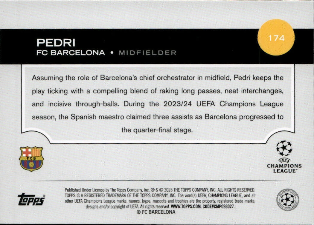 2024-25 Topps UEFA Club Competitions - Base #174 Pedri - FC Barcelona - B