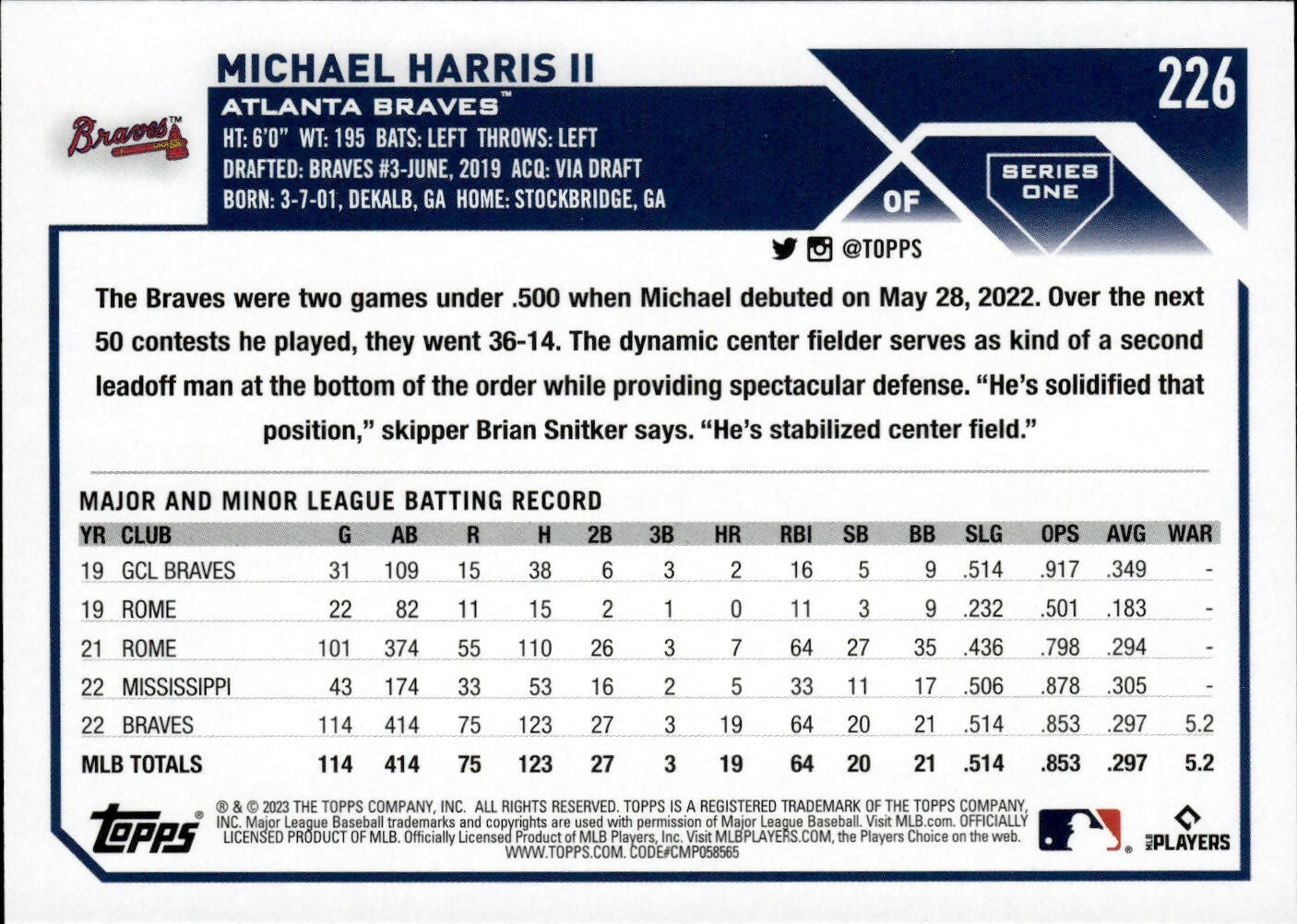 2023 Topps Series 1 Baseball - [Base] #226 Michael Harris II - Atlanta Braves - B