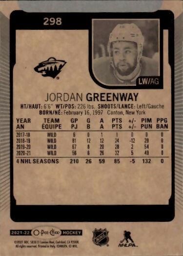 2021-22 Upper Deck O-Pee-Chee Hockey - Base #298 Jordan Greenway - Minnesota Wild