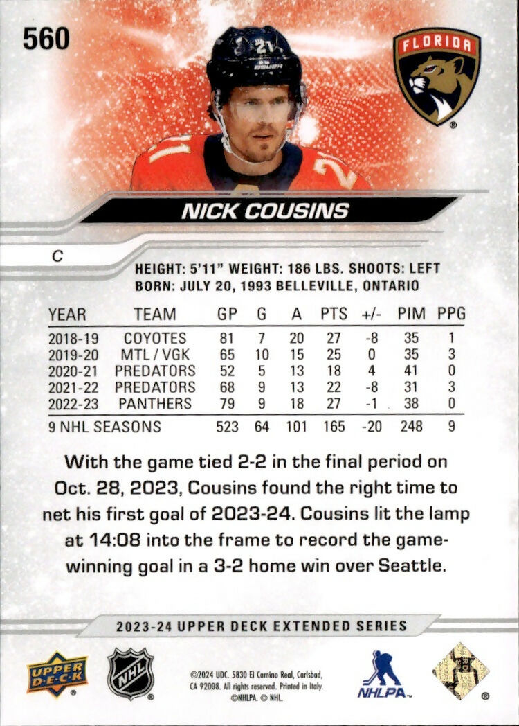 2023-24 Upper Deck Extended Series Hockey - Base #560 Nick Cousins - Florida Panthers - B