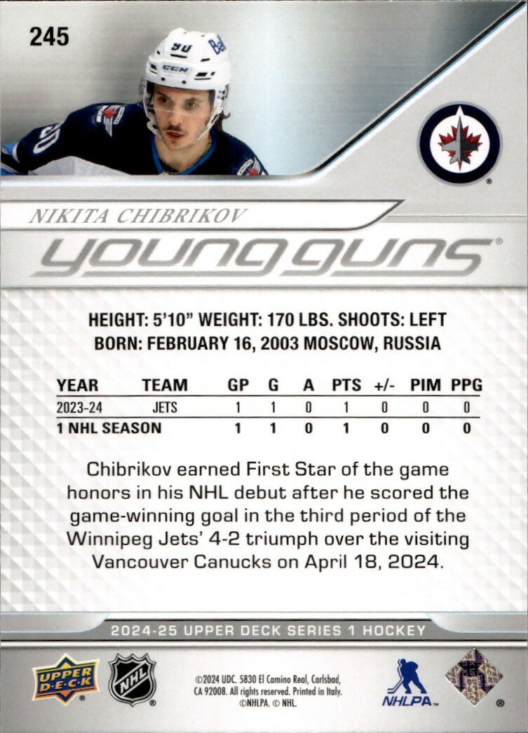 2024-25 Upper Deck Series 1 Hockey - Base - Young Guns #245 Nikita Chibrikov - Winnipeg Jets - B