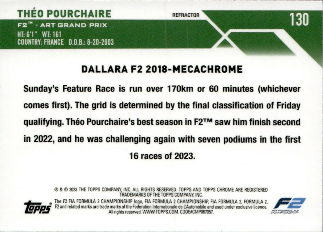 2023 Topps Chrome Formula 1 Base #130 - F2 Cars - Refractor Theo Pourchaire - F2 Art Grand Prix - B