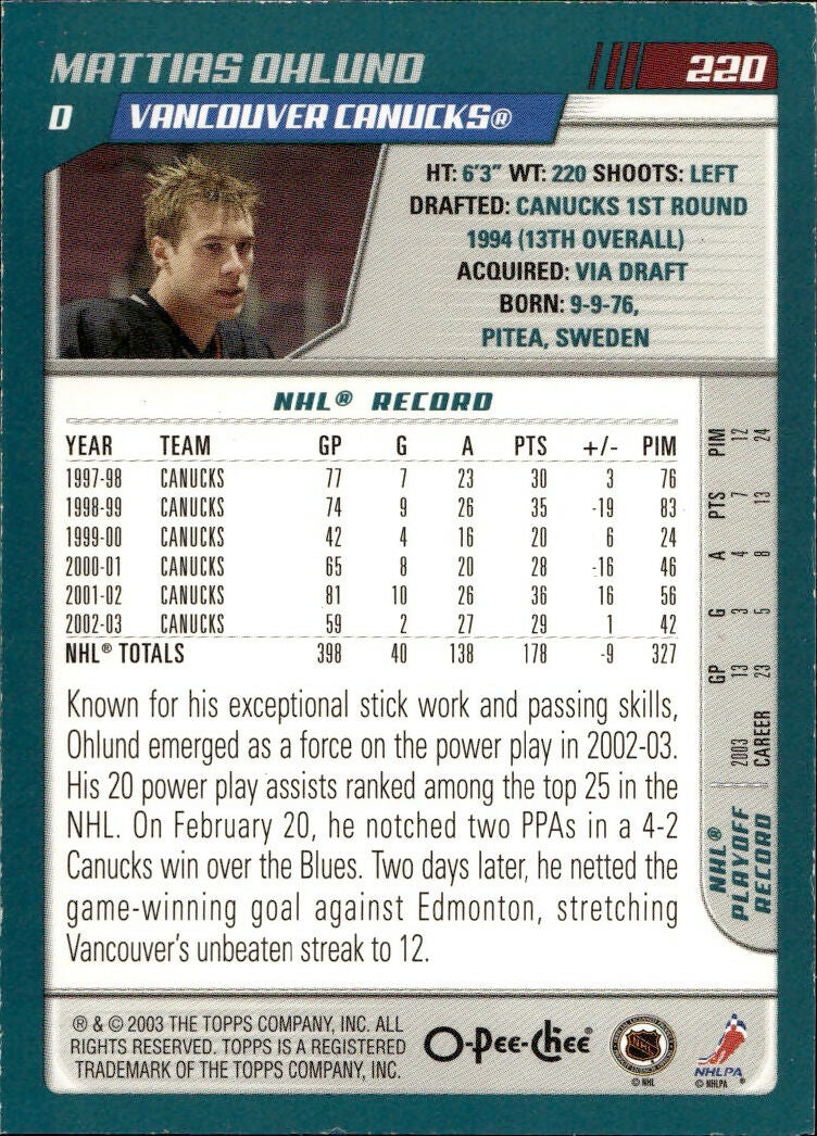 2003-04 O-Pee-Chee - Base - Blue :500 #220 Mattias Ohlund - Vancouver Canucks - B