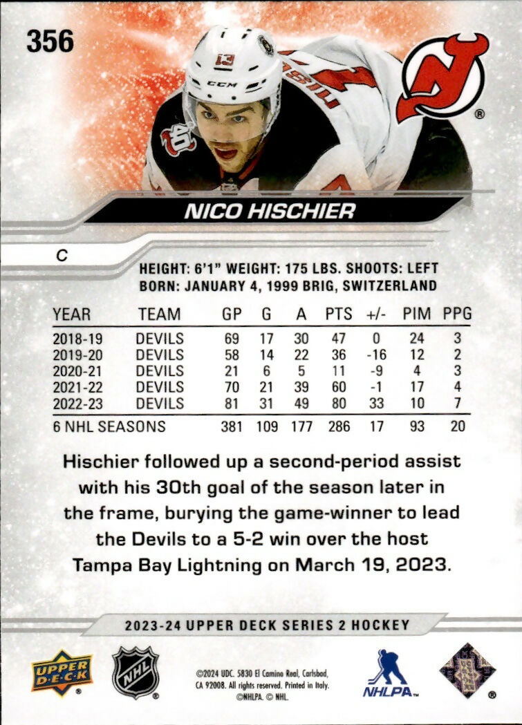 2023-24 Upper Deck Series 2 Hockey - Base #356 Nico Hischier - New Jersey Devils B