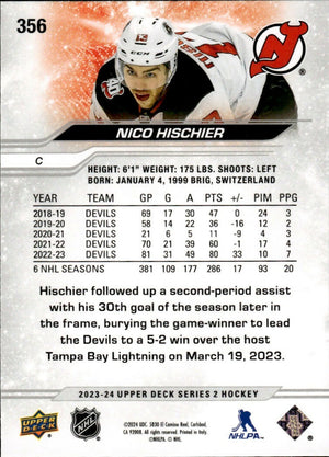 2023-24 Upper Deck Series 2 Hockey - Base #356 Nico Hischier - New Jersey Devils B