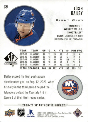 2020-21 Upper Deck Sp Authentic Hockey - Base #39 Josh Bailey - New York Islanders - B