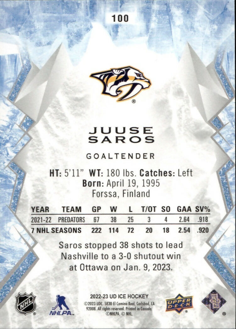 2022-23 Upper Deck Ice Hockey - Base - Orange #100 Juuse Saros - Nashville Predators - B