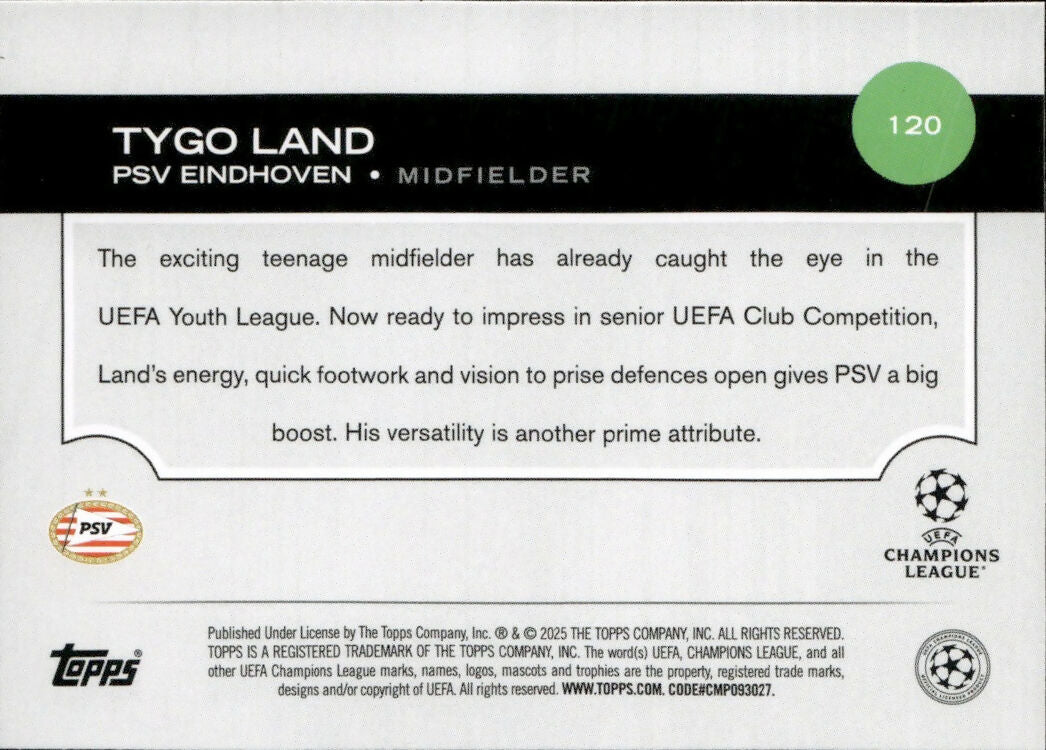 2024-25 Topps UEFA Club Competitions - Base #120 Tygo Land - PSV Eindhoven - B