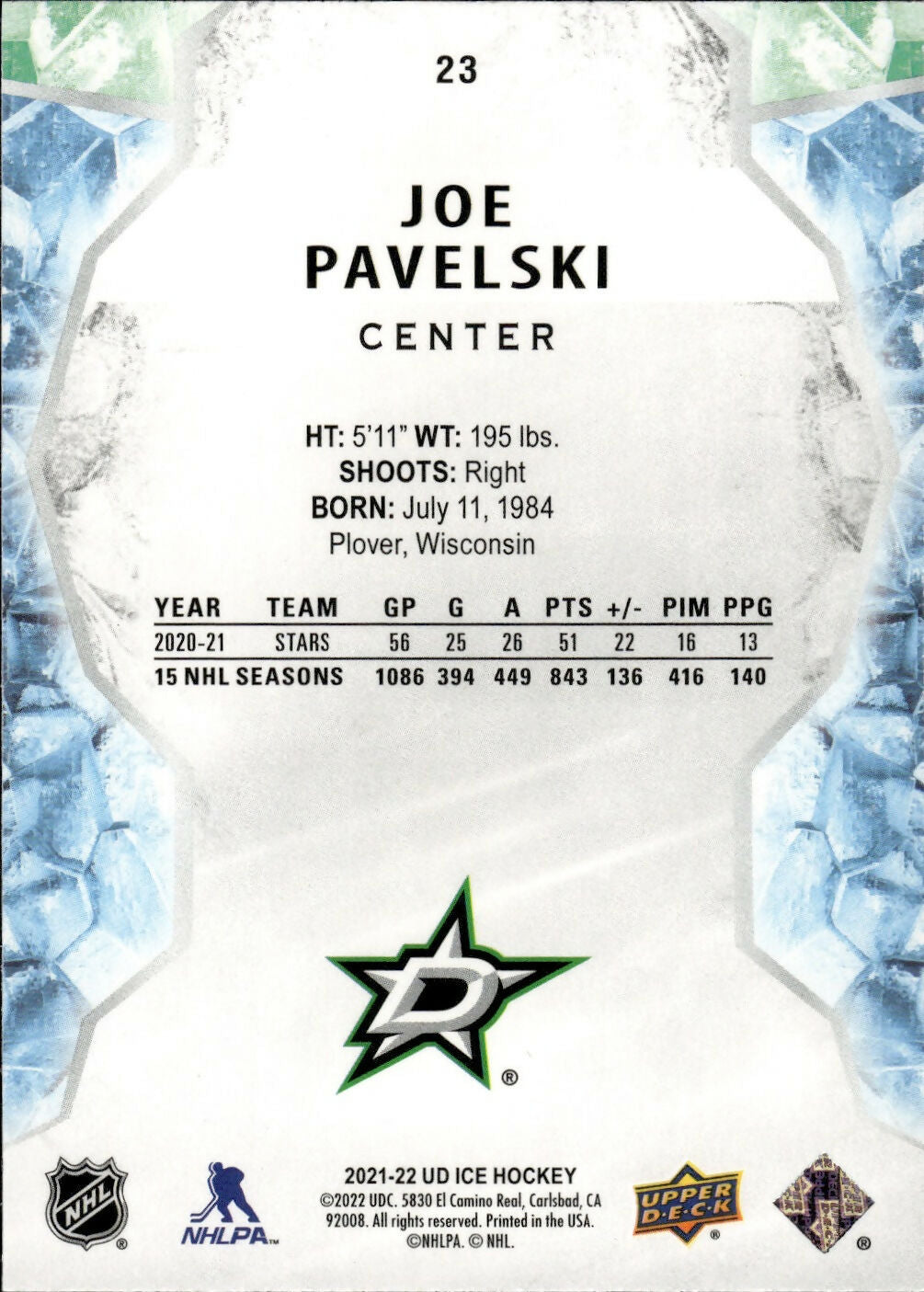 2021-22 Upper Deck Ice Hockey - Base #23 Joe Pavelski - Dallas Stars