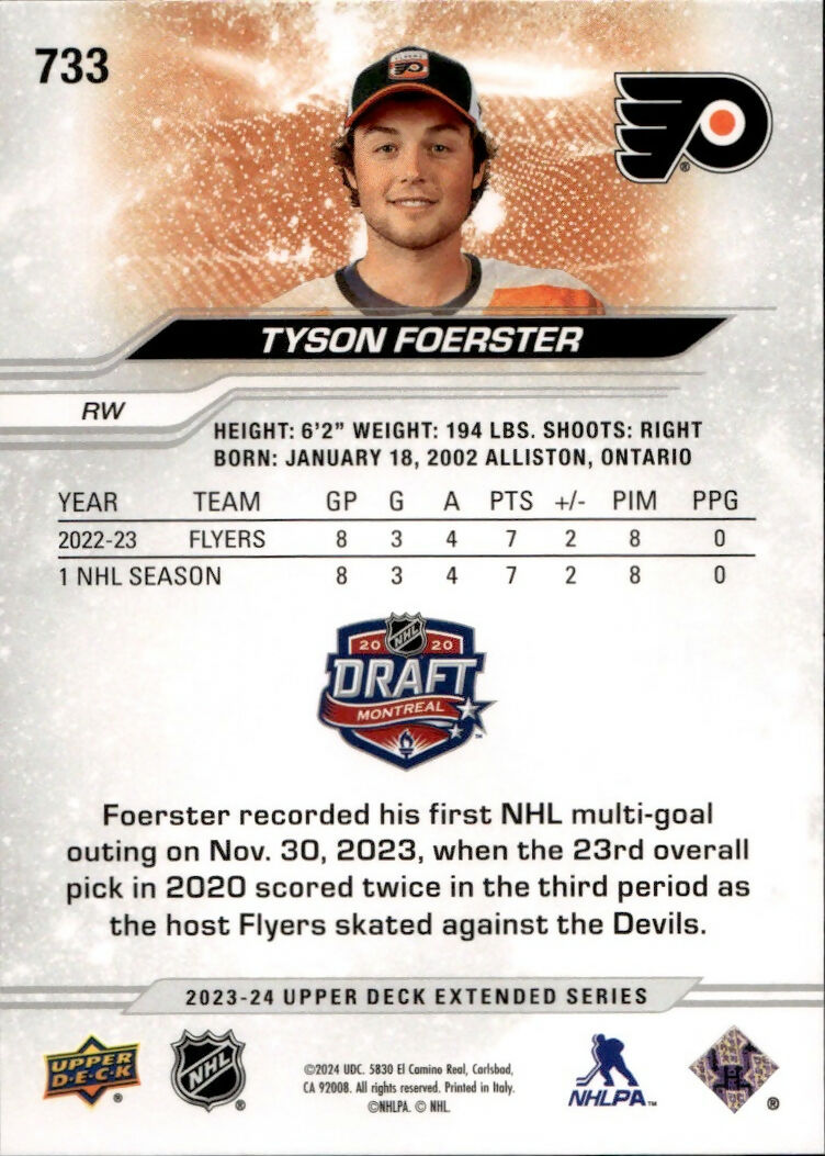 2023-24 Upper Deck Extended Series - Base - 1st Round Rookies #733 Tyson Foerster - Philadelphia Flyers - B