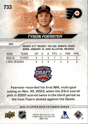 2023-24 Upper Deck Extended Series - Base - 1st Round Rookies #733 Tyson Foerster - Philadelphia Flyers - B
