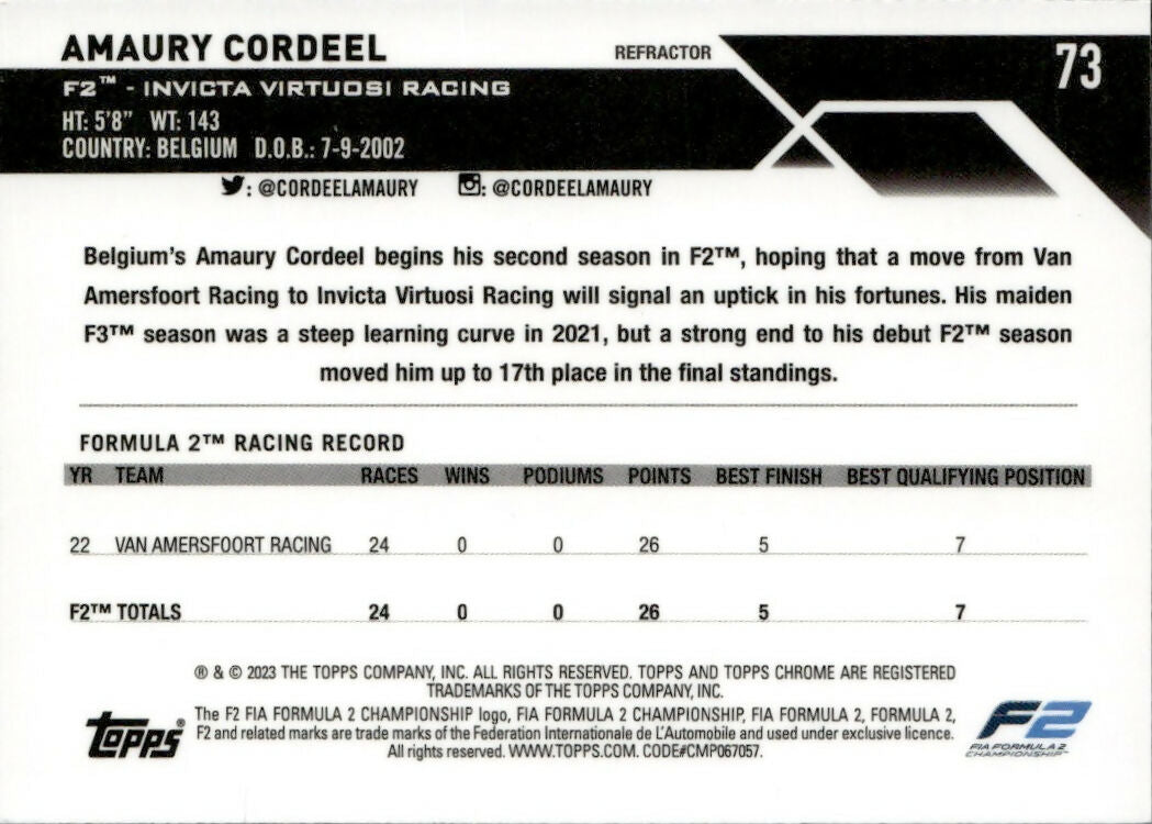 2023 Topps Chrome Formula 1 Base #73 - F2 Drivers - Refractor Amaury Cordeel - F2 Invicta Virtuosi Racing - B