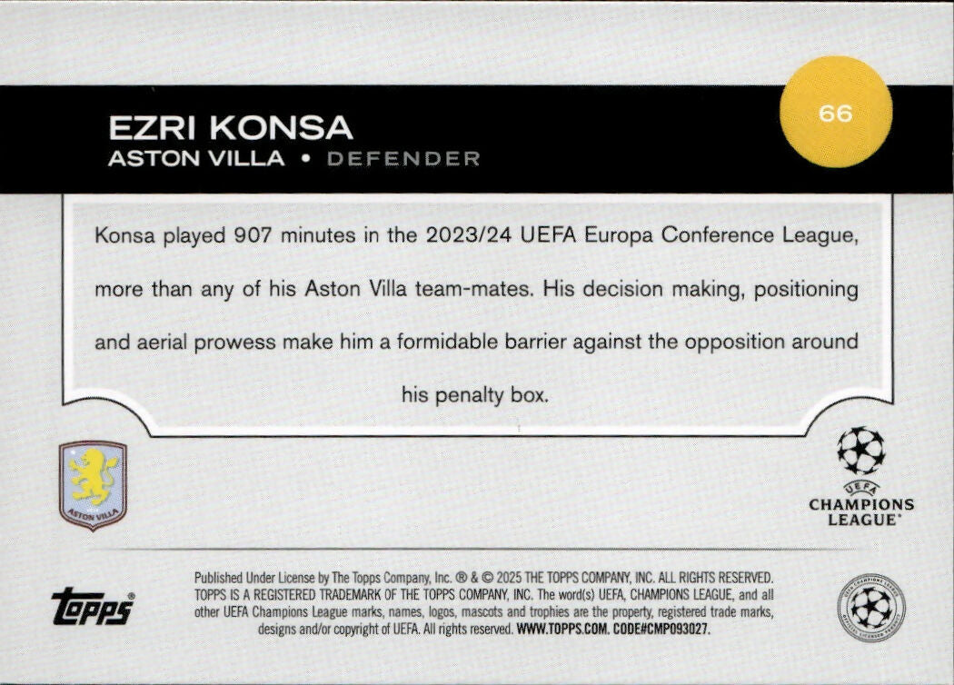 2024-25 Topps UEFA Club Competitions - Base #66 Ezri Konsa - Aston Villa - B