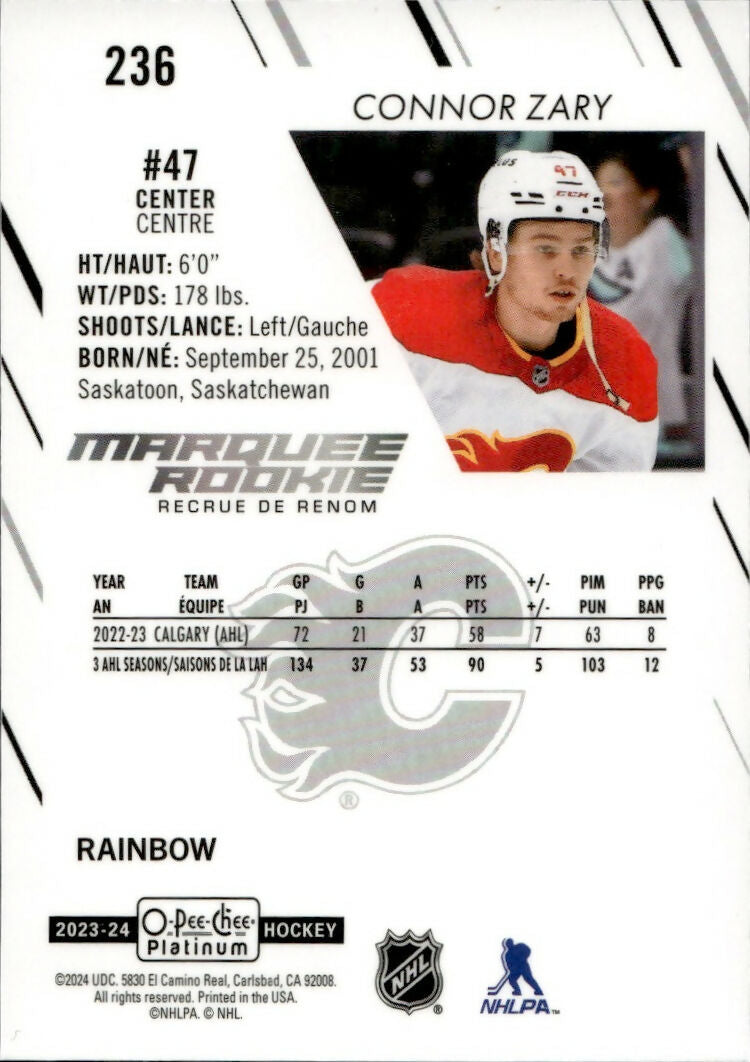 2023-24 Upper Deck O-Pee Chee Platinum Hockey - Base - Marquee Rookie - Rainbow #236 Connor Zary - Calgary Flames - B