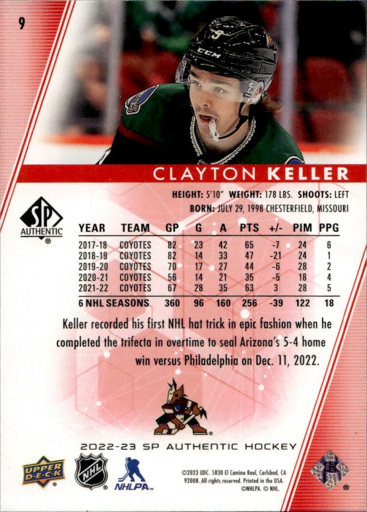 2022-23 Upper Deck SP Authentic Hockey - Base - Red #9 Clayton Keller - Arizona Coyotes - B