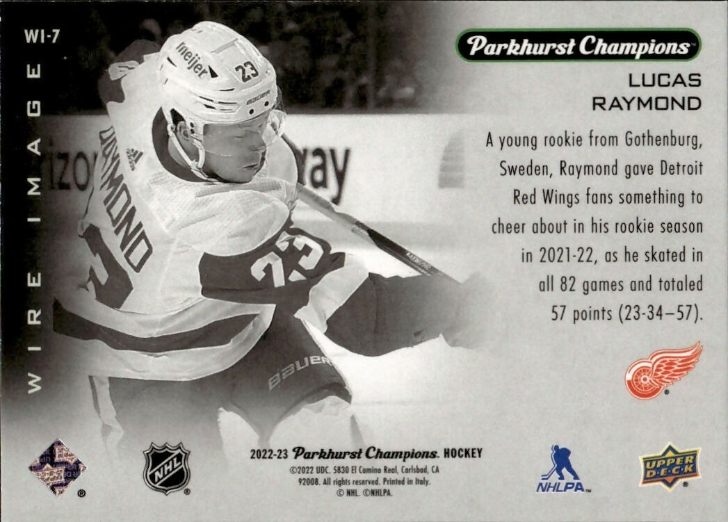 2022-23 Upper Deck Parkhurst Champions - Wire Image #WI-7 Lucas Raymond - Detroit Red Wings - B