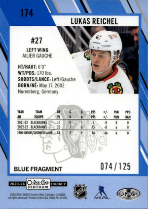 2023-24 Upper Deck O-Pee Chee Platinum Hockey - Base - Blue Fragment :125 #174 Lukas Reichel - Chicago Blackhawks - B