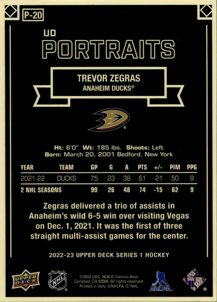 2022-23 Upper Deck Series 1 Hockey - Portraits #P-20 Trevor Zegras - Anaheim Ducks - B