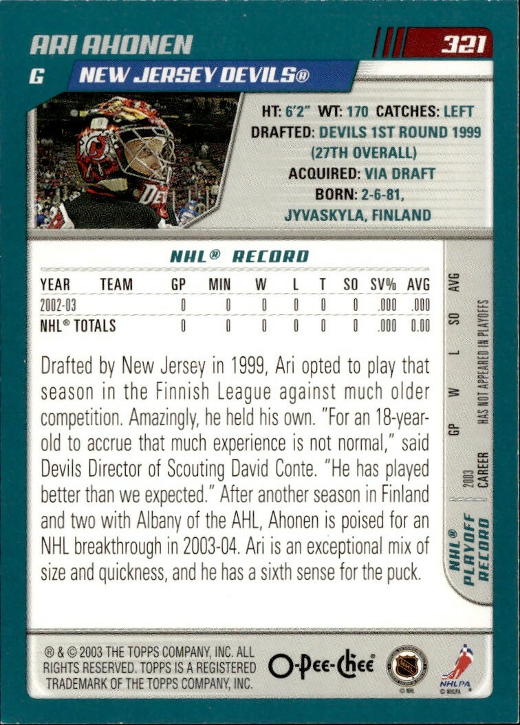 2003-04 O-Pee-Chee - Base #321 Ari Ahonen - New Jersey Devils - B