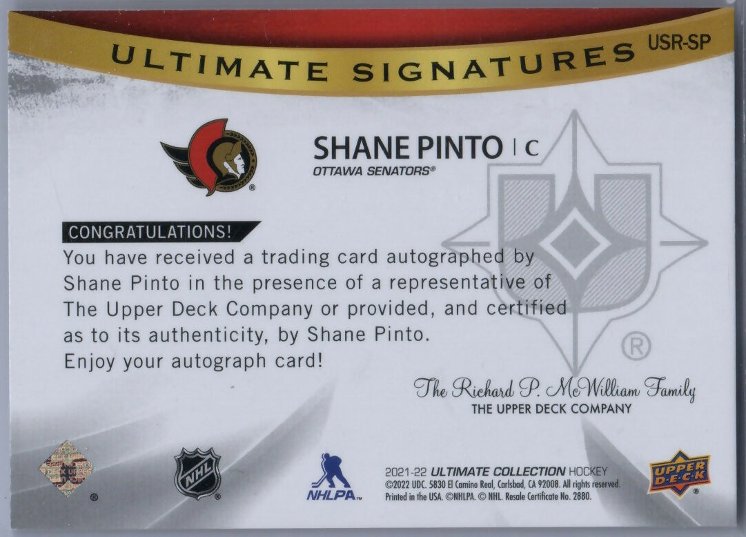 2021-22 Upper Deck Ultimate Collection Hockey #USR-SP Shane Pinto - Ottawa Senators - B