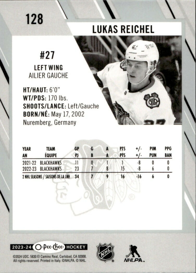 2023-24 Upper Deck O-Pee-Chee Hockey - Base #128 Lukas Reichel - Chicago Blackhawks