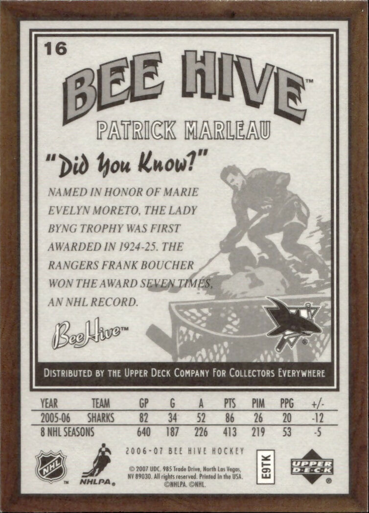 2006-07 Upper Deck - Bee Hive Hockey - Base #16 Patrick Marleau - San Jose Sharks - B