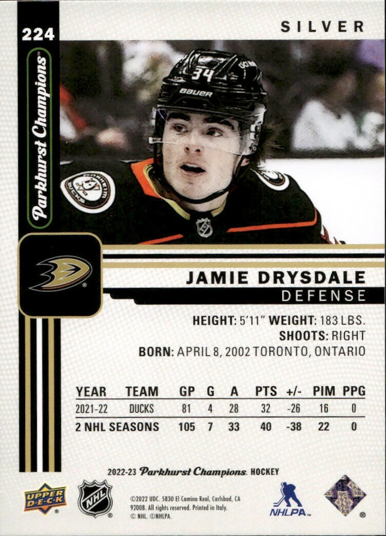 2022-23 Upper Deck Parkhurst Champions - Base - Silver #224 Jamie Drysdale - Anaheim Ducks - B
