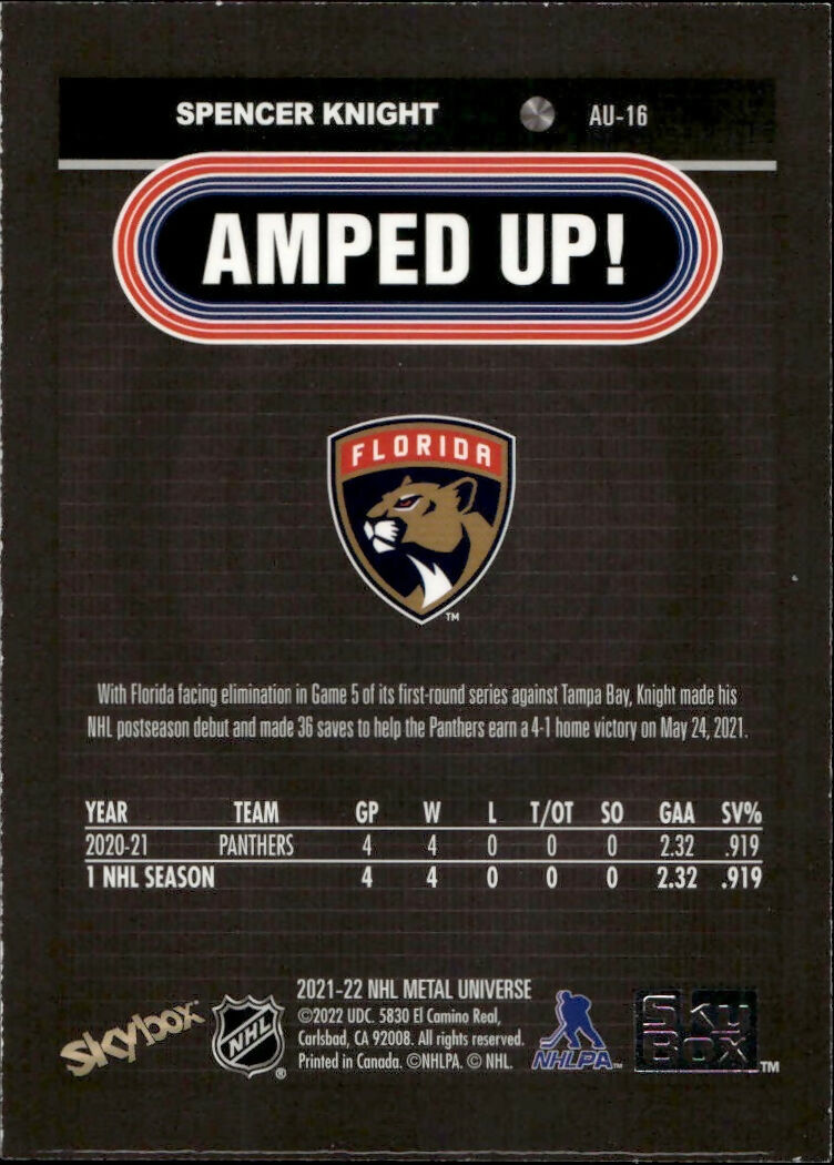 2021-22 Upper Deck Skybox Metal Universe Hockey - Amped Up #AU-16 Spencer Knight - Florida Panthers - B