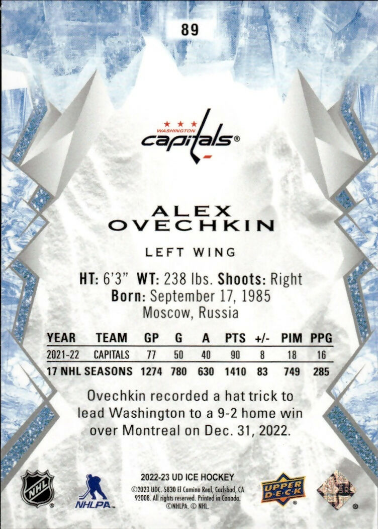 2022-23 Upper Deck Ice Hockey - Base #89 Alex Ovechkin - Washington Capitals
