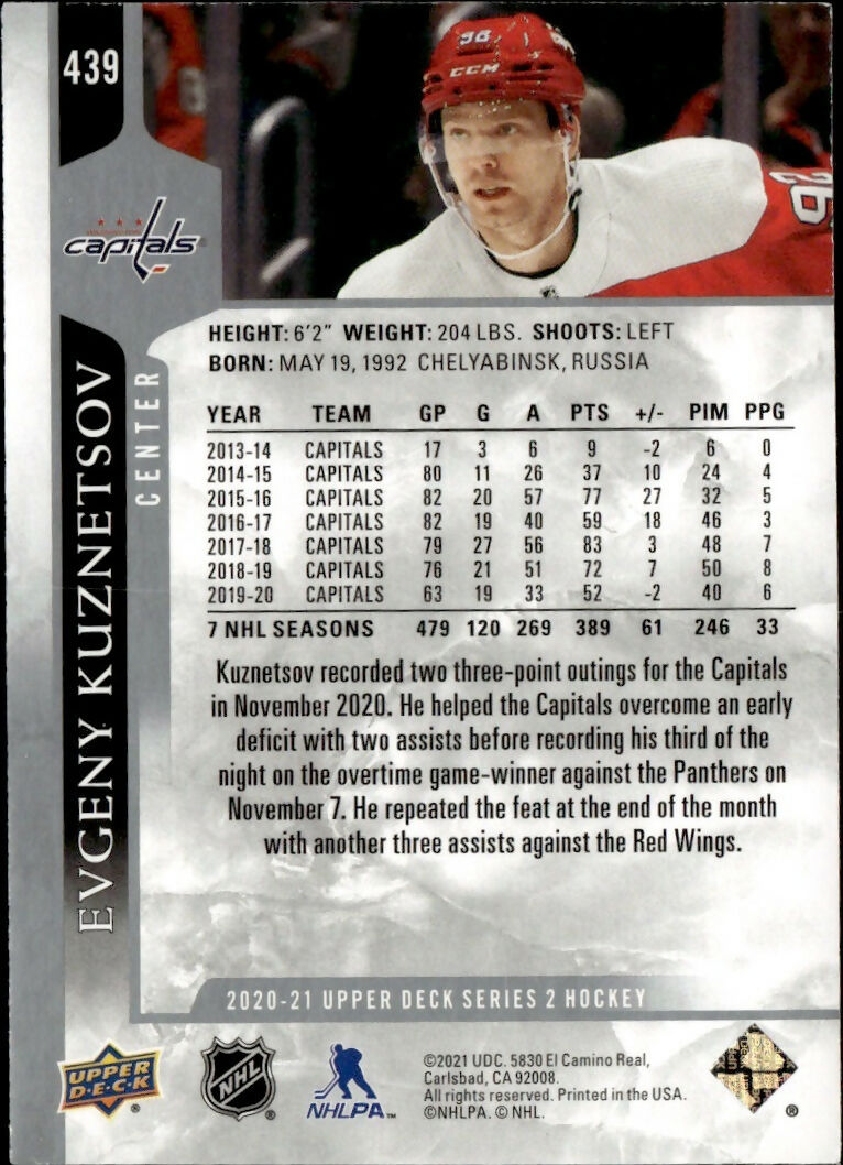 2020-21 Upper Deck Series 2 Hockey - Base #439 Evgeny Kuznetsov - Washington Capitals - B