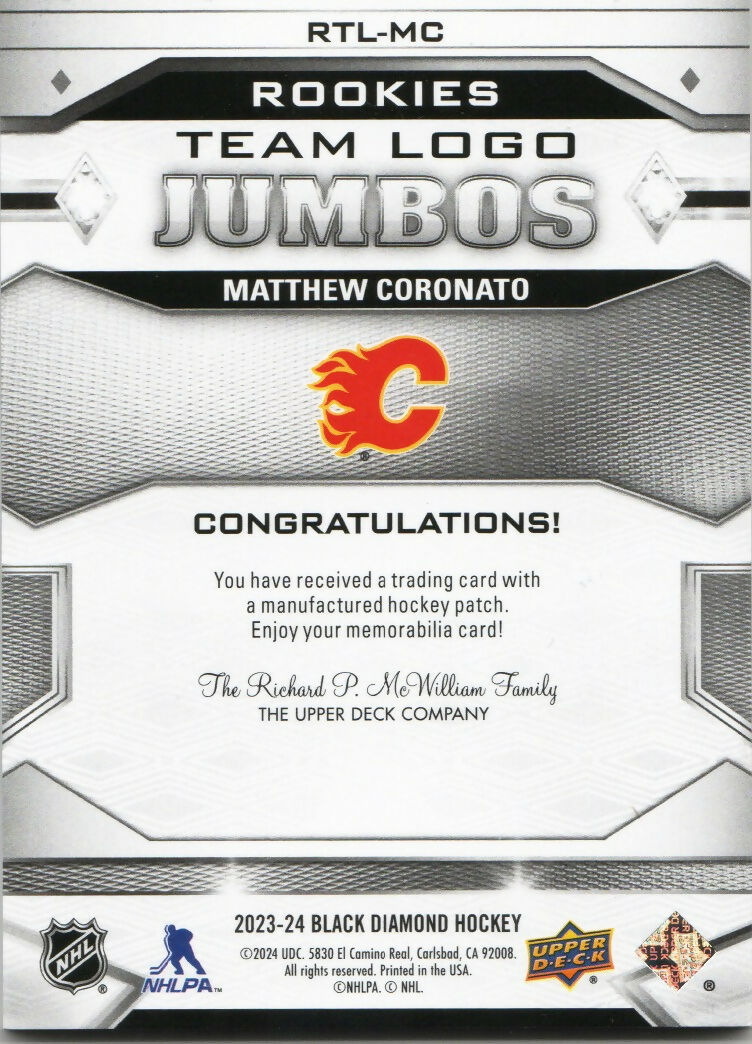 2023-24 Upper Deck Black Diamond Hockey - Team Logo Jumbo #RTL-MC Matthew Coronato - Calgary Flames - B