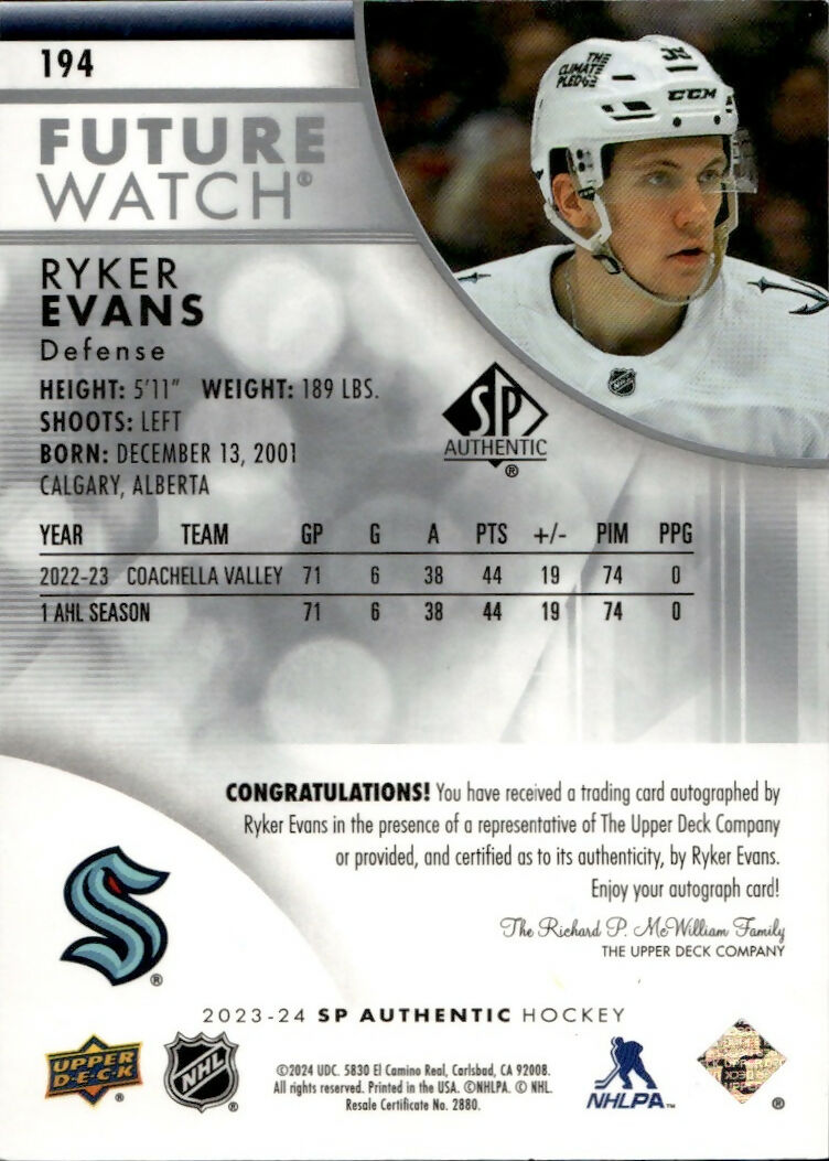 2023-24 Upper Deck SP Authentic Hockey - Base - Autographed Future Watch :999 #194 Ryker Evans - Seattle Kraken - B