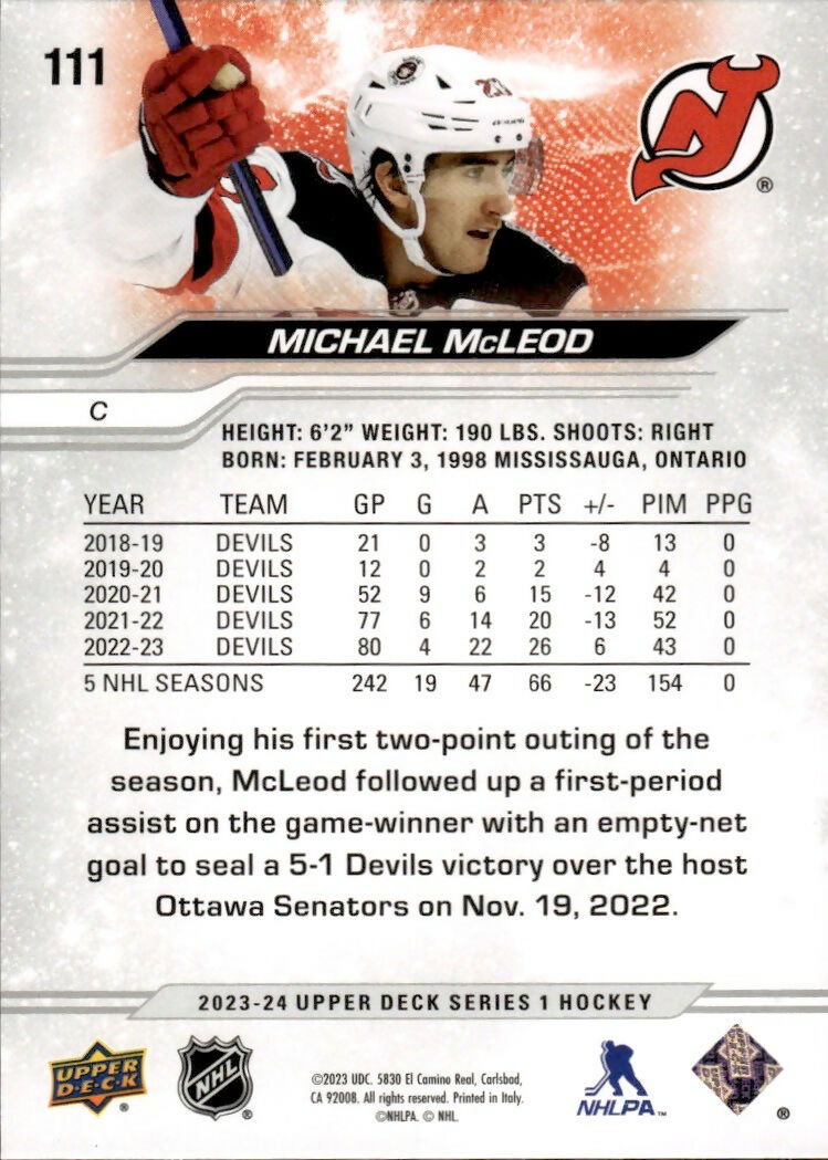 2023-24 Upper Deck Series 1 Hockey - Base #111 Michael McLeod - New Jersey Devils