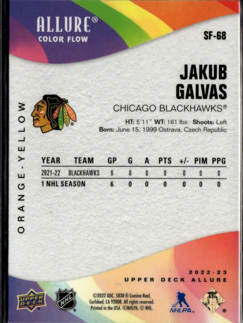 2022-23 Upper Deck Allure Hockey - Color Flow - Orange-Yellow #SF-68 Jakub Galvas - Chicago Blackhawks