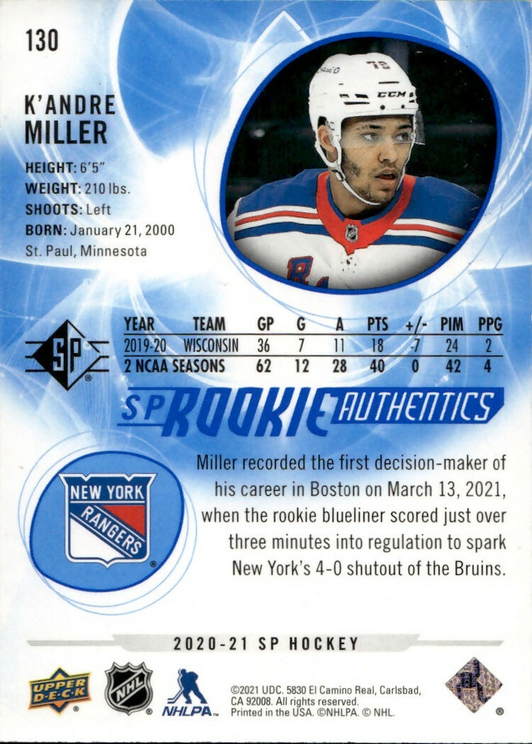 2020-21 Upper Deck SP Authentic Hockey - Base - SP Rookie Authentics #130 K'Andre Miller - New York Rangers